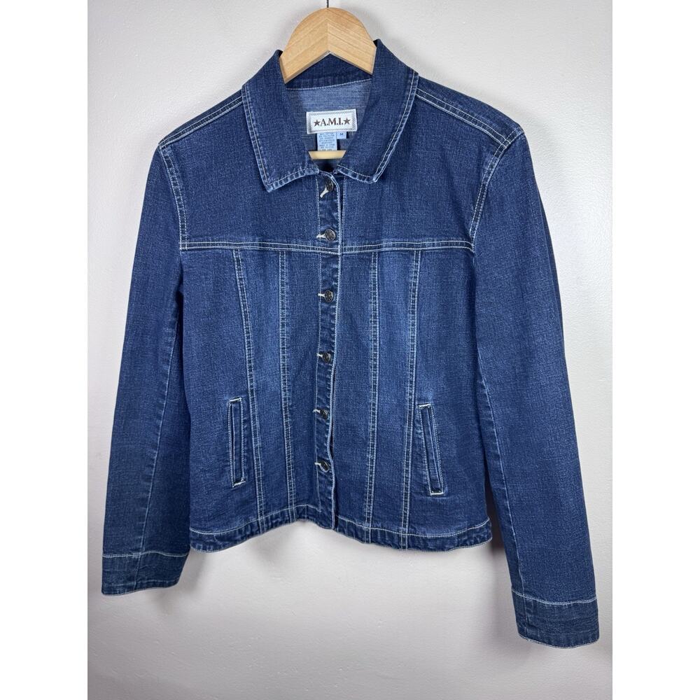 VTG A.M.I. Womens Jean Jacket Trucker Cowgirl Western M Button Front Dark Blue